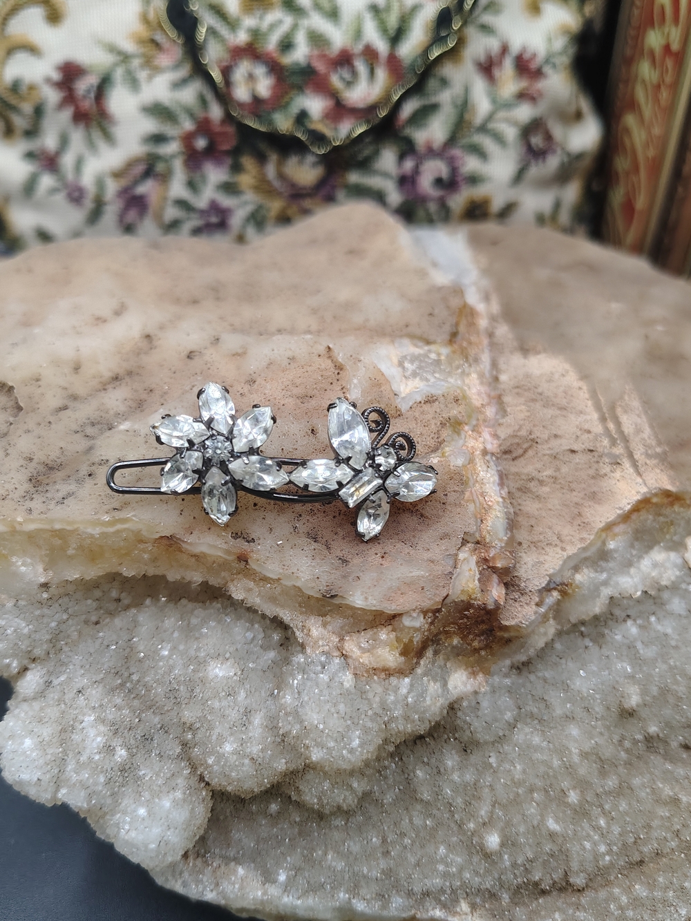 Rare Vintage Alex and Ani Crystal Flower Butterfly Hair Clip Silvertone